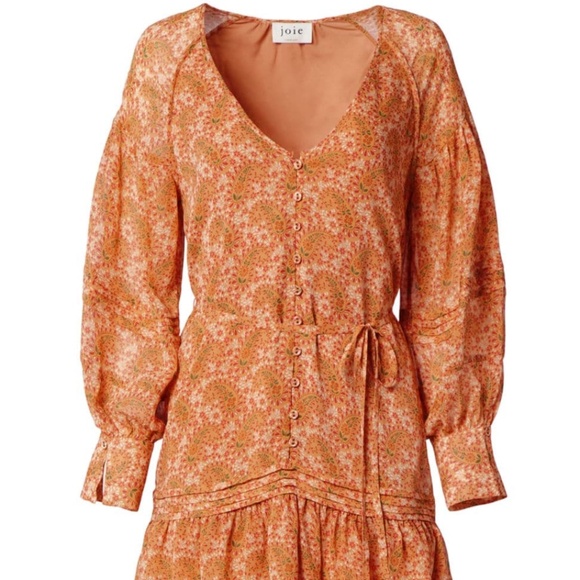 Joie 100% Silk Bree Mini Dress in Orange Caramel Multi Long Sleeve Self Belt - Picture 3 of 16